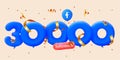 30k followers thank you Facebook 3d blue balloons and colorful confetti. Royalty Free Stock Photo